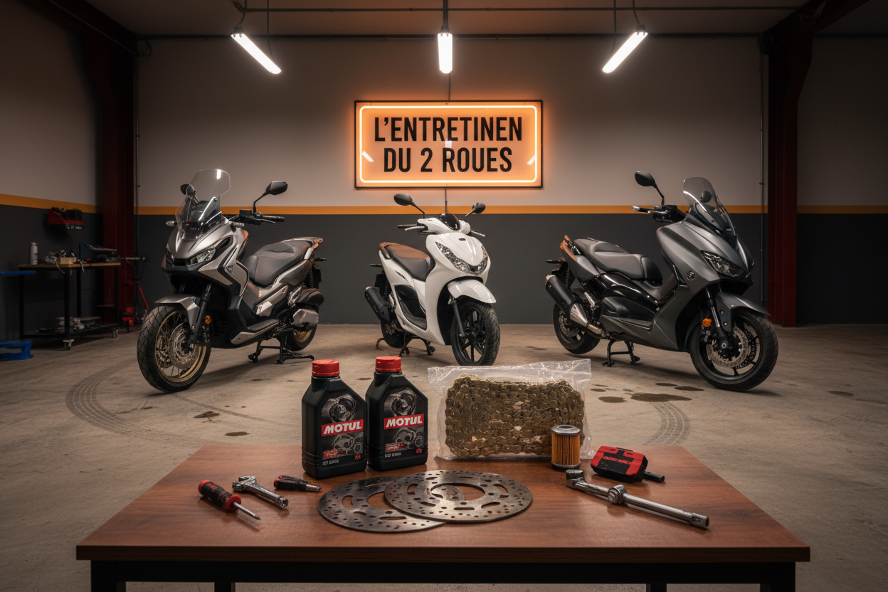 garage moto avec des honda xadv, honda sh300, yamaha tmax en fond, devant posé sur une tablze en premier plan un kit de revision (huile moteur motul, kit chaine, filtre à huile, plaquette de frein, diques de frein) et dans le fond sur le mur du garage le logo "l'entretien du 2 roues" éclairé